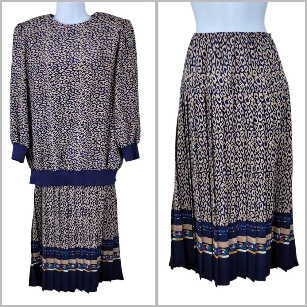 Vintage 80s Jacket/Top Pleated Skirt Set sz 16 Shirt Midi 90s Geometric Navy Tan